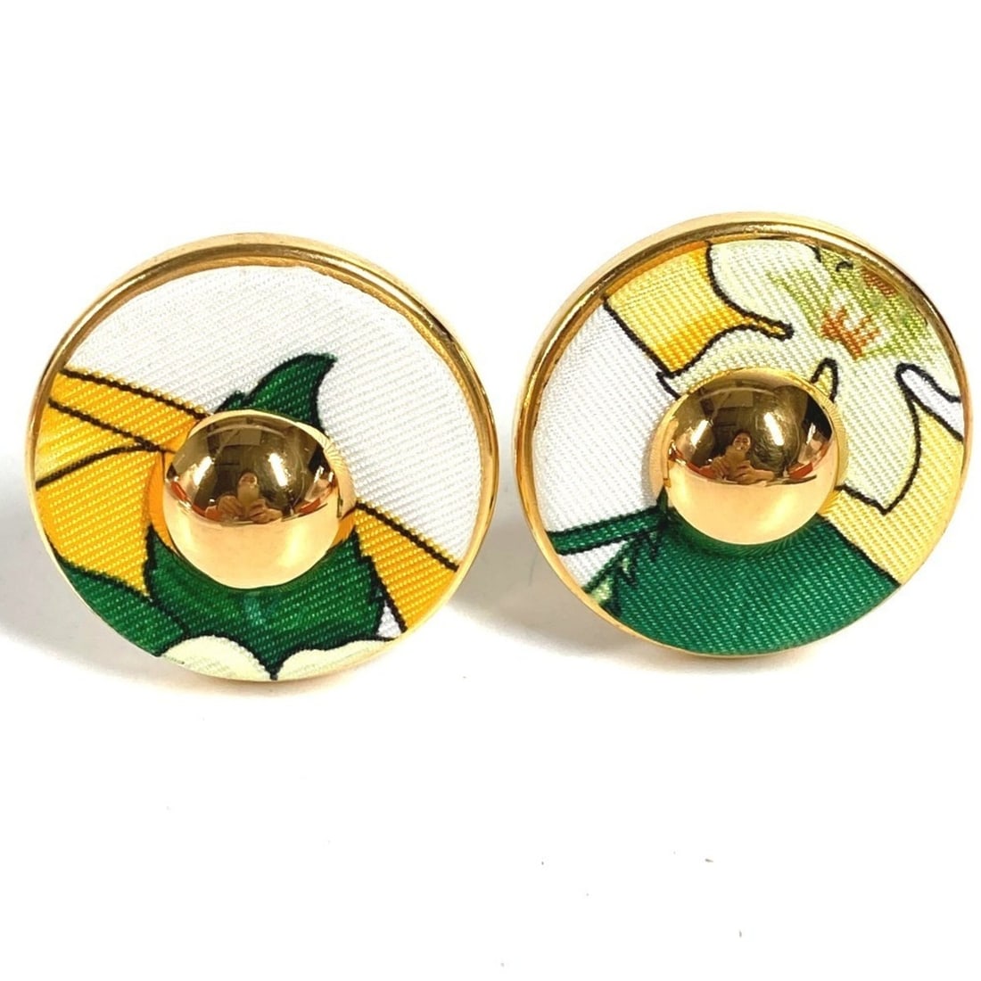 HERMES Vintage All-Over Print Round Logo Accessory Jewelry Earrings Silk Metal Men's Women's Green (1 of 9)