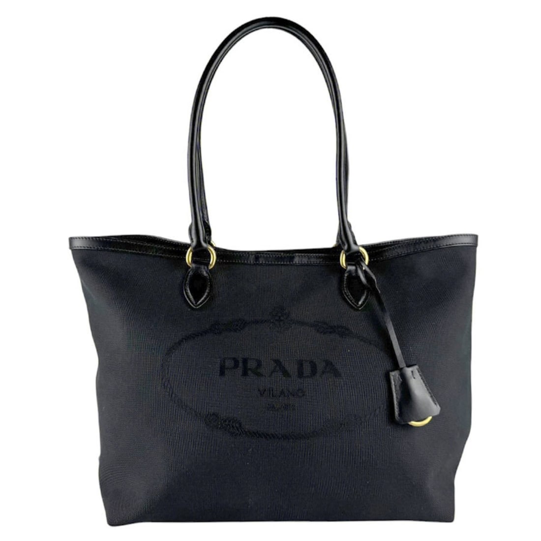 Prada PRADA Shoulder Bag Tote Canvas Leather Black Gold Women's z9650: --- Catalog ---Category: SizeSize (HxWxD): 27cm x 30cm x 16cm / 10.62'' x 11.81'' x 6.29''Category: DesignType: Shoulder bag, Tote bagColor: BlackGender: WomenMaterial: Canvas , Leather Category: Gene
