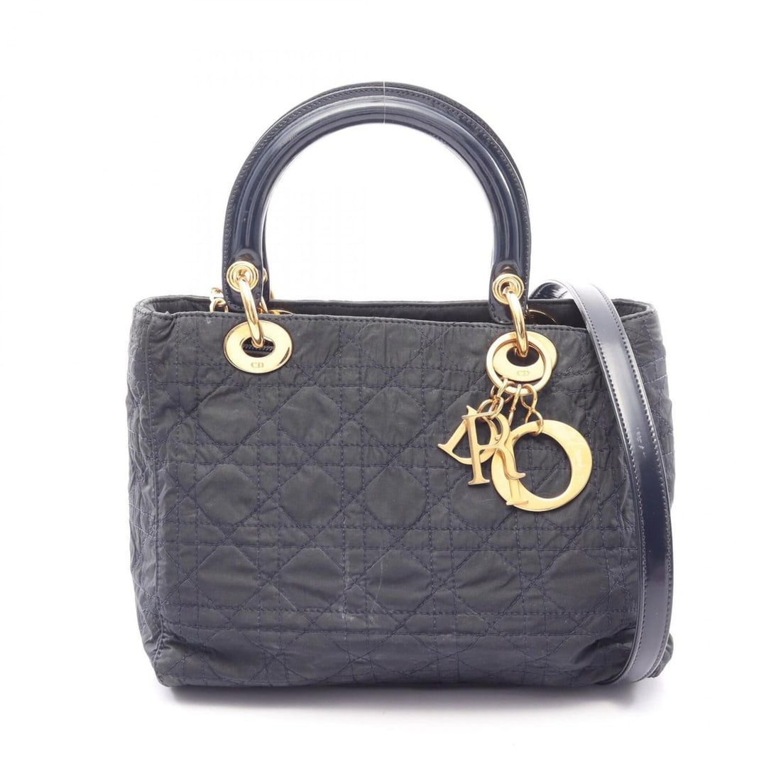 Christian Dior LADY DIOR Cannage 2-Way Handbag, Nylon and Patent Leather, Women's, Navy (1 of 15)