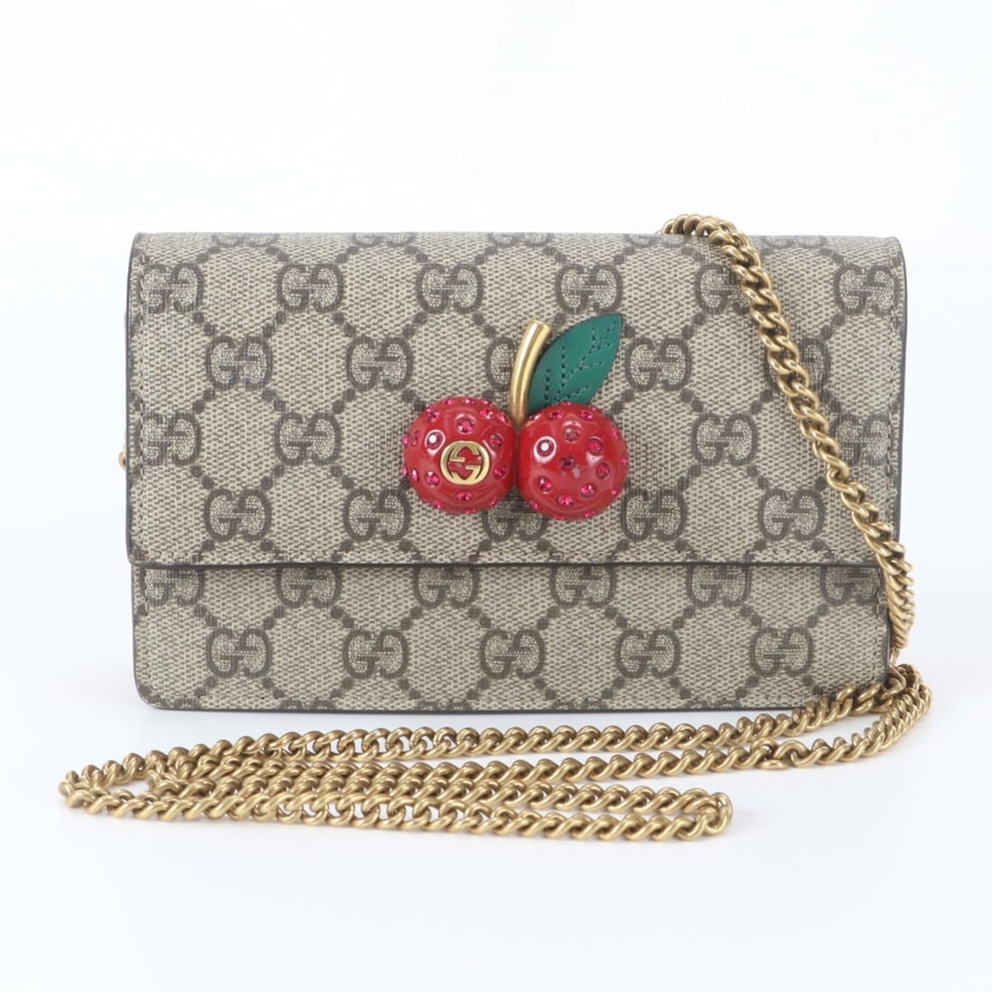 Gucci GG Supreme Cherry Leather Chain Shoulder Bag (481291) - Women's Crossbody: --- Catalog ---Category: SizeSize (HxWxD): 11cm x 17cm x 4cm / 4.33'' x 6.69'' x 1.57''Category: DesignType: Shoulder bagColor: Brown, Red colorGender: WomenMaterial: Coated canvas , Leather Category:
