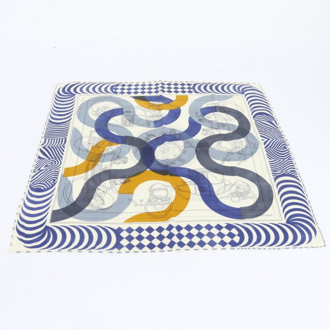 Hermes 100% Silk Scarf/Muffler with Tag, C-mark, Stole, Women's.: --- Catalog ---Category: SizeSize (LxW): 65cm x 65cm / 25.59'' x 25.59''Category: DesignType: ScarfColor: Blue, Brown, White, YellowGender: WomenMaterial: Silk Category: GeneralBrand: HermesCountry of