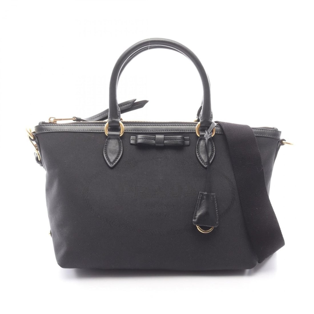 Prada LOGO JACQUARD 2-Way Handbag, Canvas and Leather, Women's, Black, 1BA104: --- Catalog ---Category: SizeSize (HxWxD): 19cm x 27cm x 14cm / 7.48'' x 10.62'' x 5.51''Category: DesignType: HandbagColor: BlackGender: WomenMaterial: Canvas , Leather Category: GeneralMPN: 1BA104Br