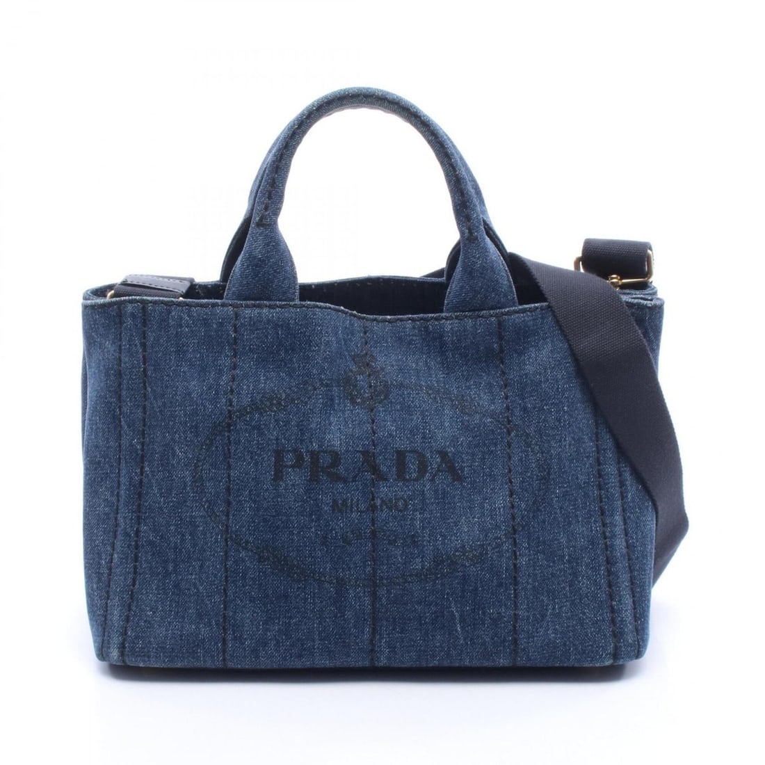 Prada Canapa Mini 2-Way Tote Bag/Handbag, Denim, Navy, Women's: --- Catalog ---Category: SizeSize (HxWxD): 19cm x 28cm x 15cm / 7.48'' x 11.02'' x 5.9''Category: DesignType: Handbag, Tote bagColor: NavyGender: WomenMaterial: Denim Category: GeneralBrand: Prada--- 
