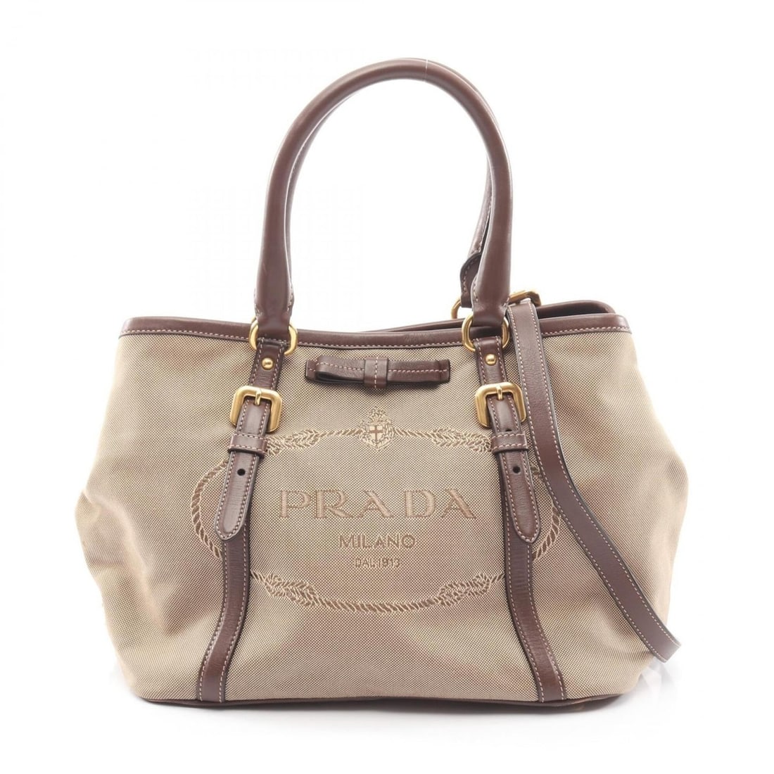 Prada LOGO JACQUARD 2-Way Tote Bag/Handbag, Canvas and Leather, Women's, Beige/Brown: --- Catalog ---Category: SizeSize (HxWxD): 22cm x 28cm x 16.5cm / 8.66'' x 11.02'' x 6.49''Category: DesignType: Handbag, Tote bagColor: Beige, BrownGender: WomenMaterial: Canvas , Leather Category: G