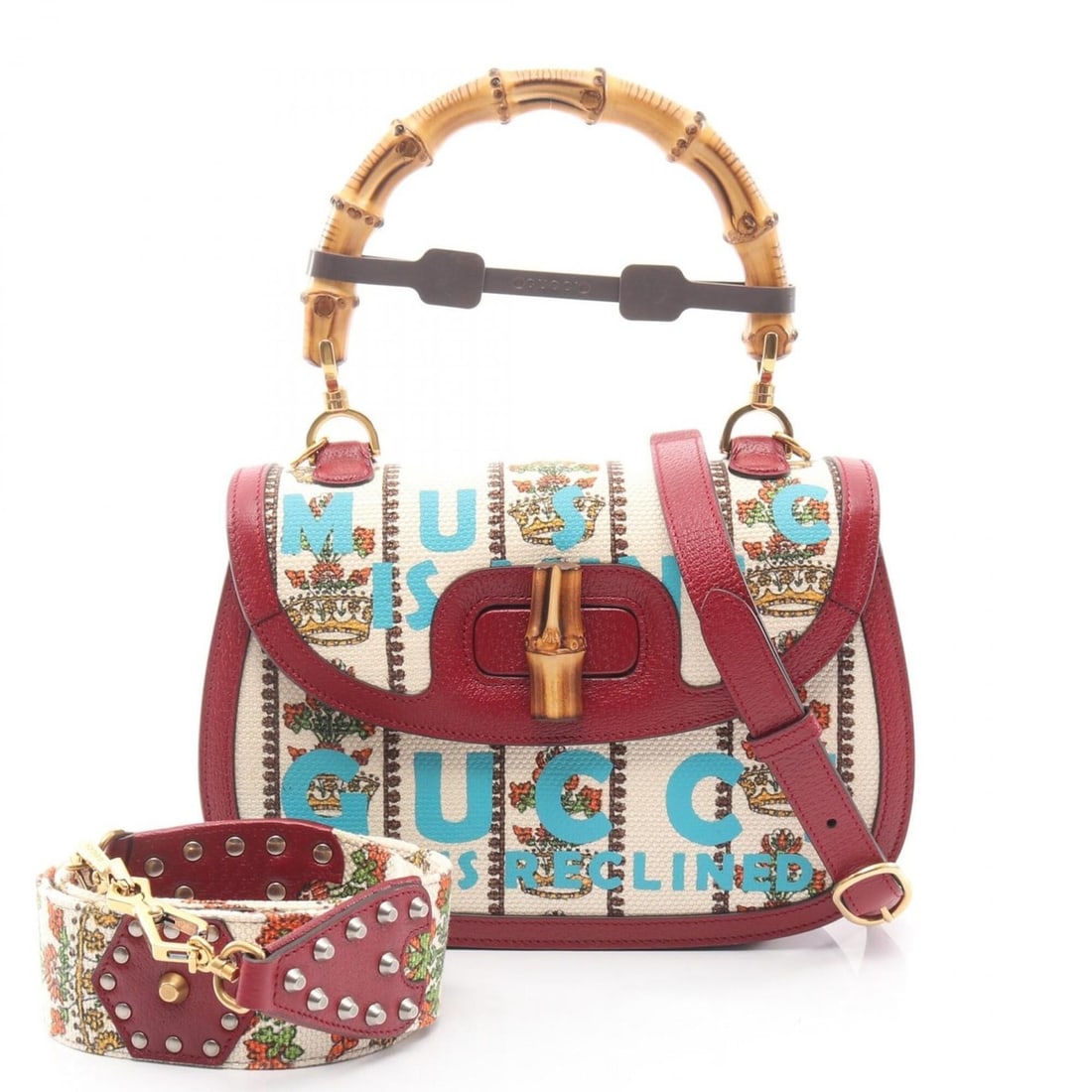 Gucci MUSIC IS MINE Bamboo Handbag, Canvas and Leather, Women's, Ivory, Bordeaux, Multicolor, 679632: --- Catalog ---Category: SizeSize (HxWxD): 18cm x 24.5cm x 6cm / 7.08'' x 9.64'' x 2.36''Category: DesignType: HandbagColor: Bordeaux, Ivory, Multi-colorGender: WomenMaterial: Canvas , Leather Categor
