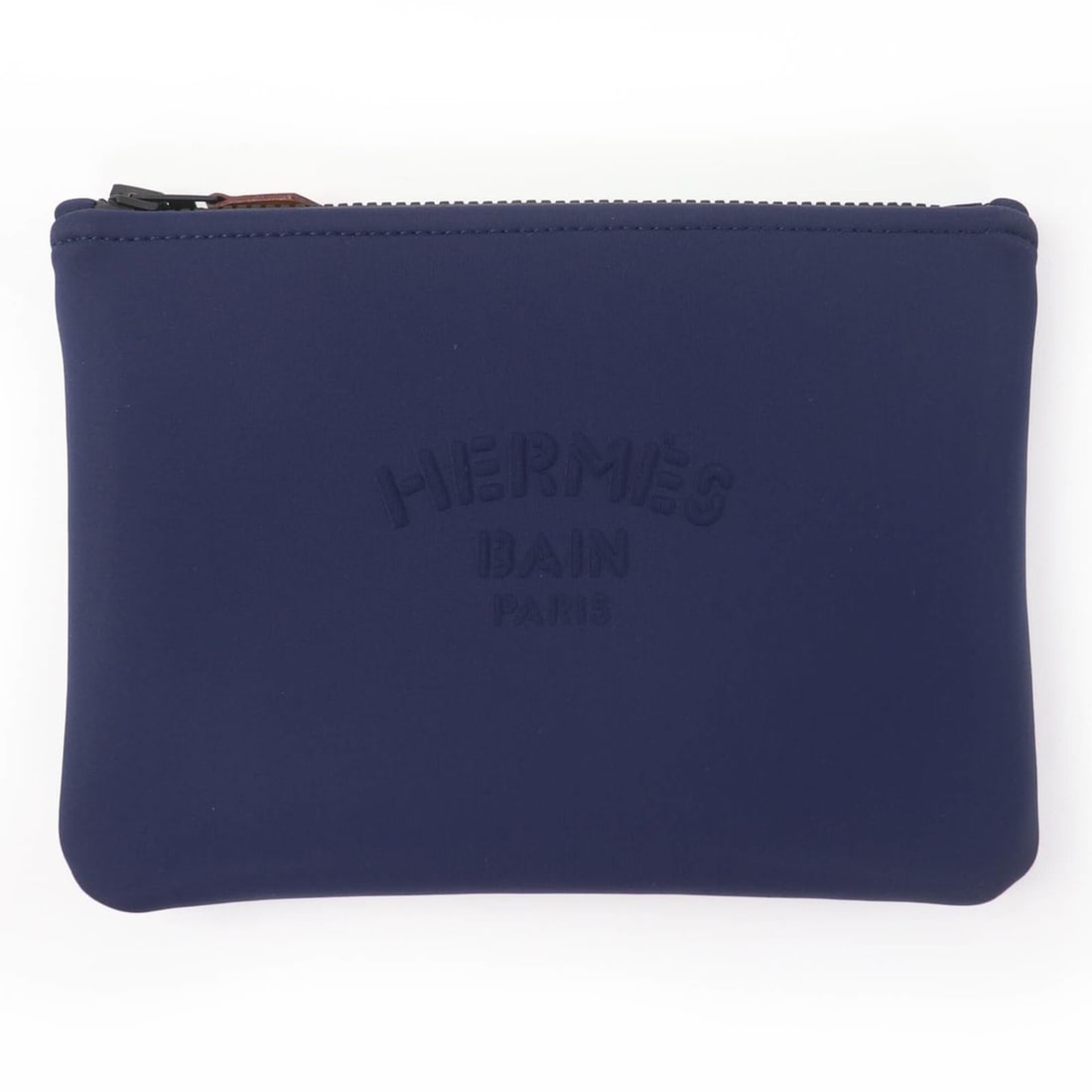 HERMES Trouse Flat PM Neoban Black Hardware Logo Zip Pouch Navy Made in France Women's: --- Catalog ---Category: SizeSize (HxWxD): 15cm x 21cm / 5.9'' x 8.26''Category: DesignType: PouchColor: Black, NavyGender: WomenMaterial: Polyamide , Cotton Category: GeneralBrand: HermesCountry of O