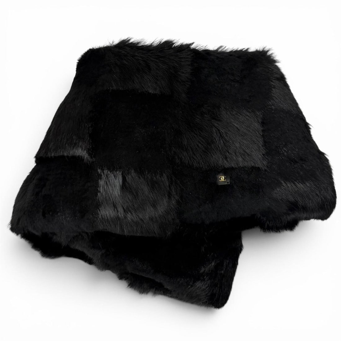 CHANEL 01A P18153 Coco Mark Rabbit Fur Tippet Shawl Black Size 42 Made in France Authentic Women's (1 of 12)