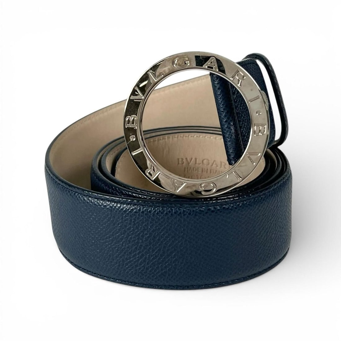 BVLGARI 39546 Bulgari Man Circle Logo Buckle Leather Belt Navy Silver Hardware Size 44 Made in Italy (1 of 9)