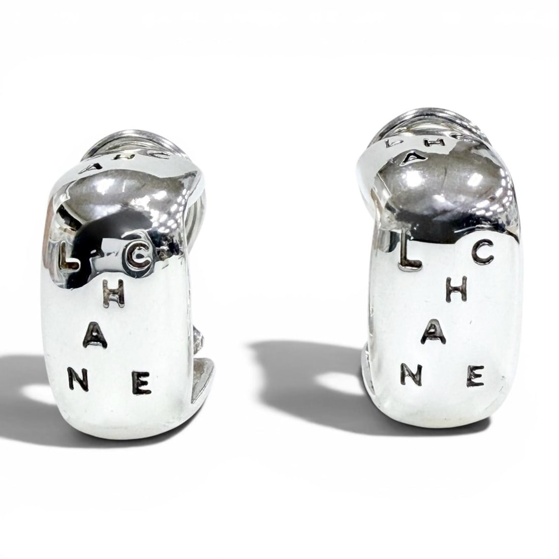 CHANEL Vintage 925 Sterling Silver Clip-On Earrings (for both ears), Logo Engraved, Weight 12.7g, (1 of 12)