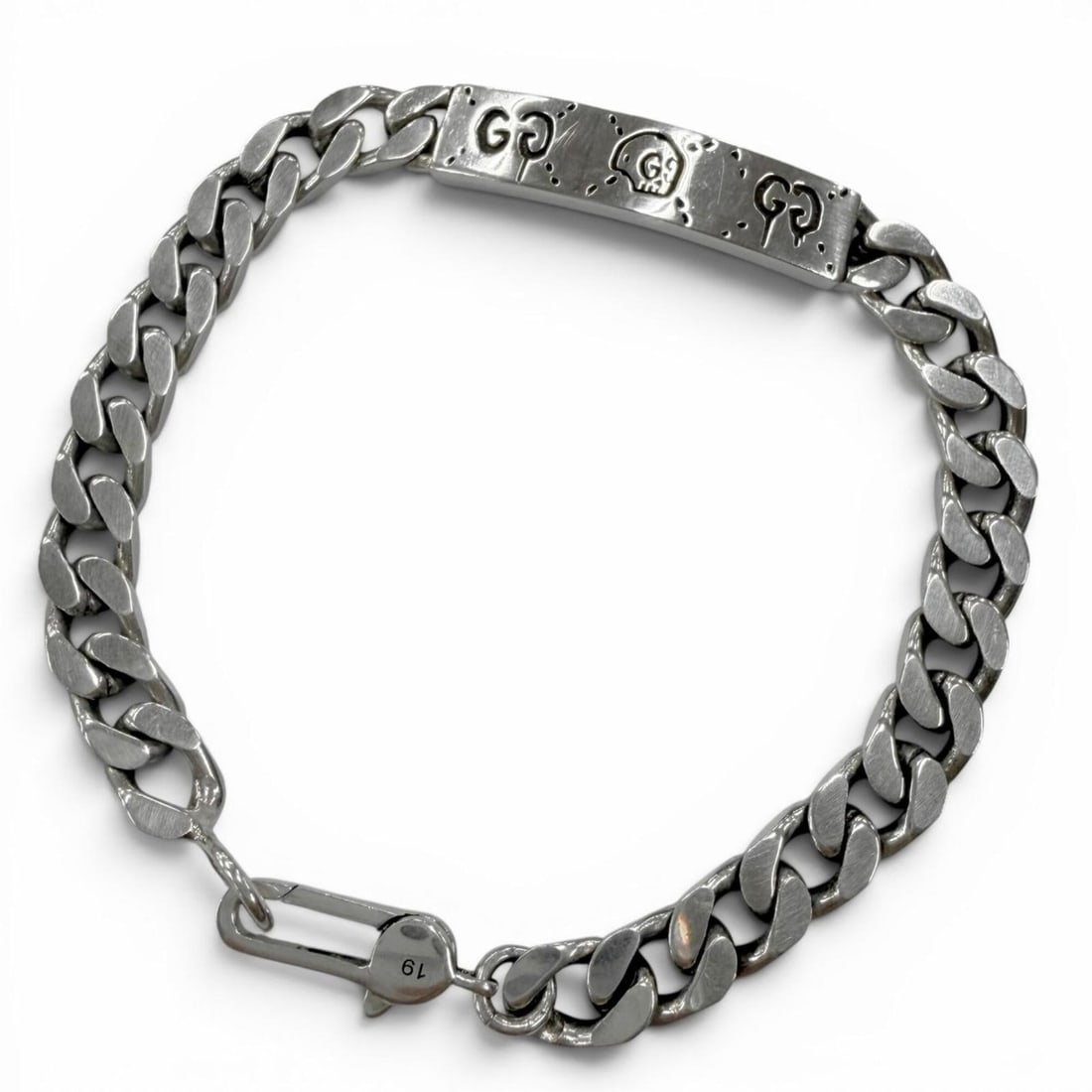 GUCCI 455321 AG925 Ghost ID Plate Curb Chain Bracelet, Silver, Made in Italy, Weight 19.7g, Men's, (1 of 9)