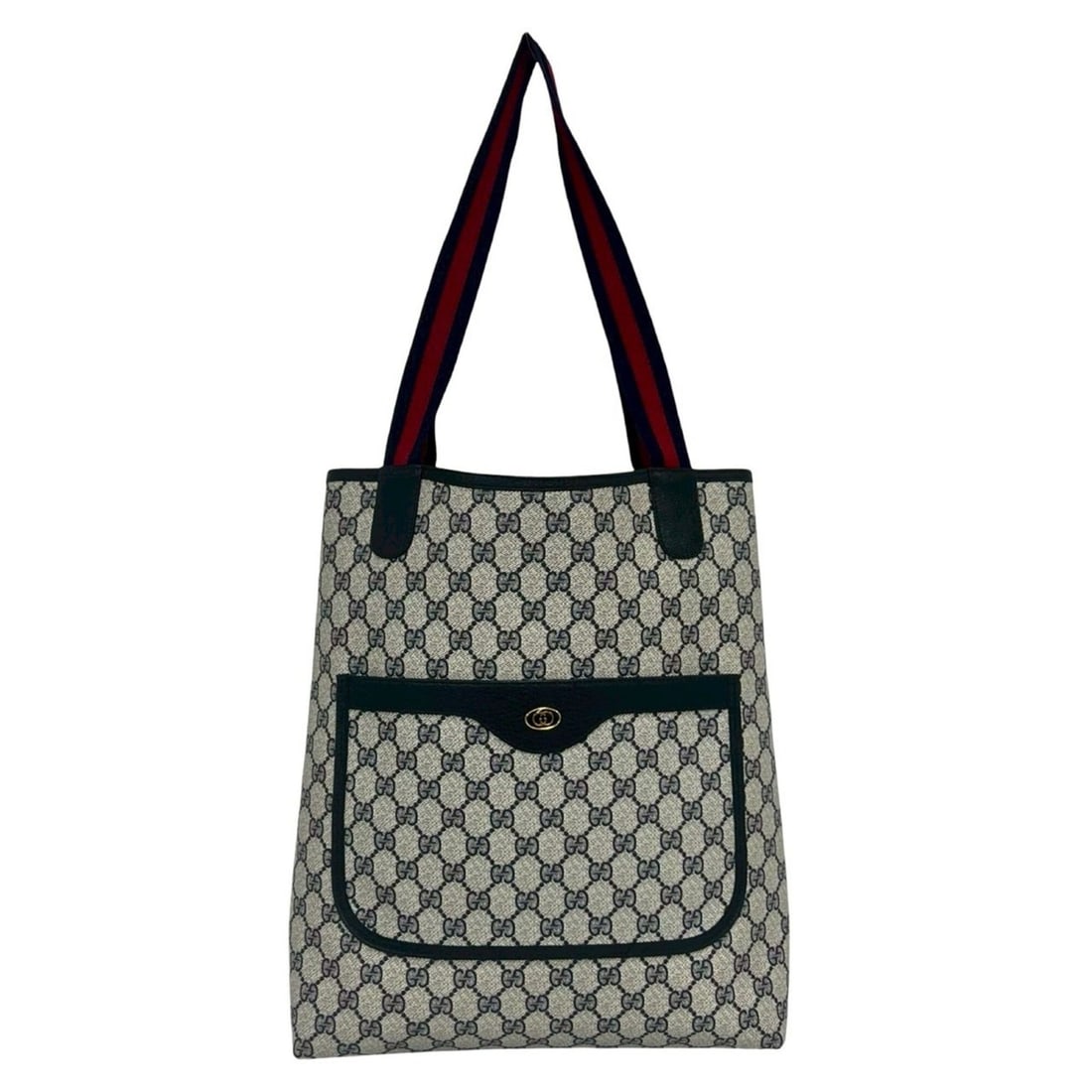 GUCCI Old Gucci Sherry Line GG Logo Pattern Leather Tote Bag Handbag Navy Blue 71313: --- Catalog ---Category: SizeSize (HxWxD): 37cm x 30cm x 8.5cm / 14.56'' x 11.81'' x 3.34''Category: DesignType: Handbag, Tote bagColor: Navy, Red colorGender: WomenMaterial: Leather , PVC Category: G