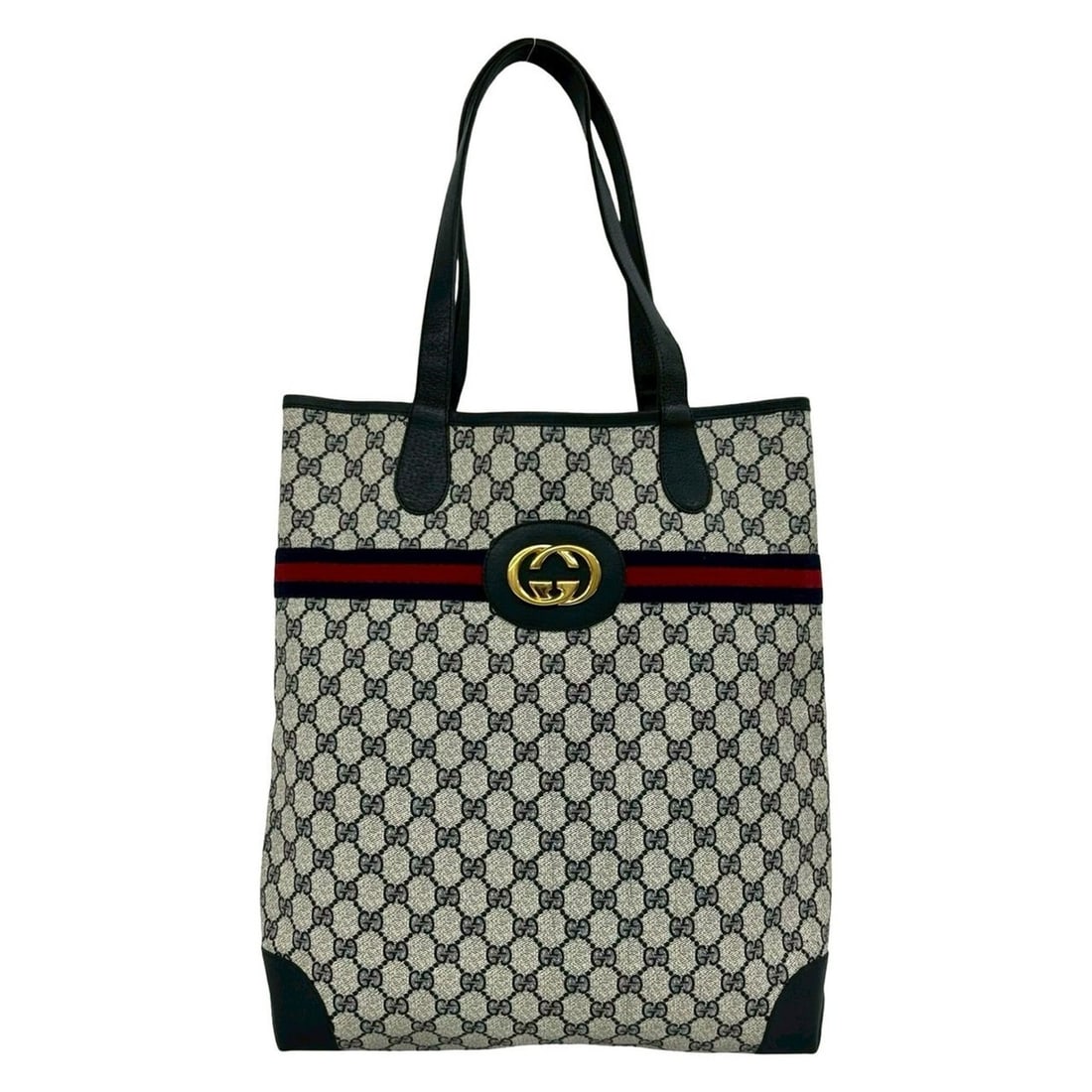 GUCCI Vintage Sherry Line GG Logo Leather Tote Bag, Navy Blue, 802-5: --- Catalog ---Category: SizeSize (HxWxD): 37cm x 31.5cm x 8cm / 14.56'' x 12.4'' x 3.14''Category: DesignType: Tote bagColor: Navy, Red colorGender: WomenMaterial: PVC , Leather Category: GeneralBran