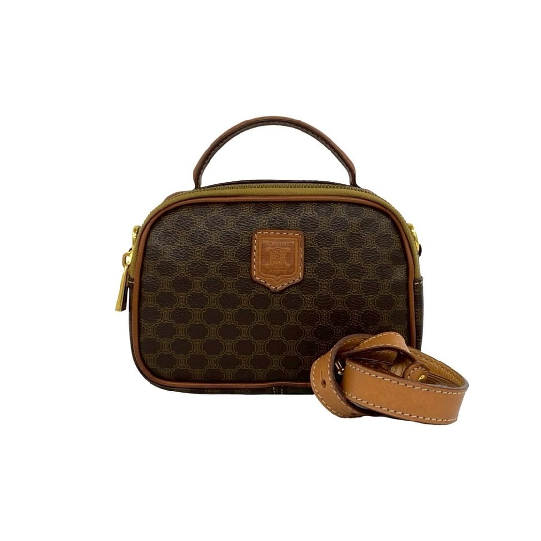 CELINE Vintage Magadham Blazon Triomphe Pattern Leather Mini Shoulder Bag/Handbag, Brown 30103: --- Catalog ---Category: SizeSize (HxWxD): 11.5cm x 17cm x 7cm / 4.52'' x 6.69'' x 2.75''Category: DesignType: Handbag, Shoulder bagColor: BrownGender: WomenMaterial: Leather , PVC Category: GeneralBr