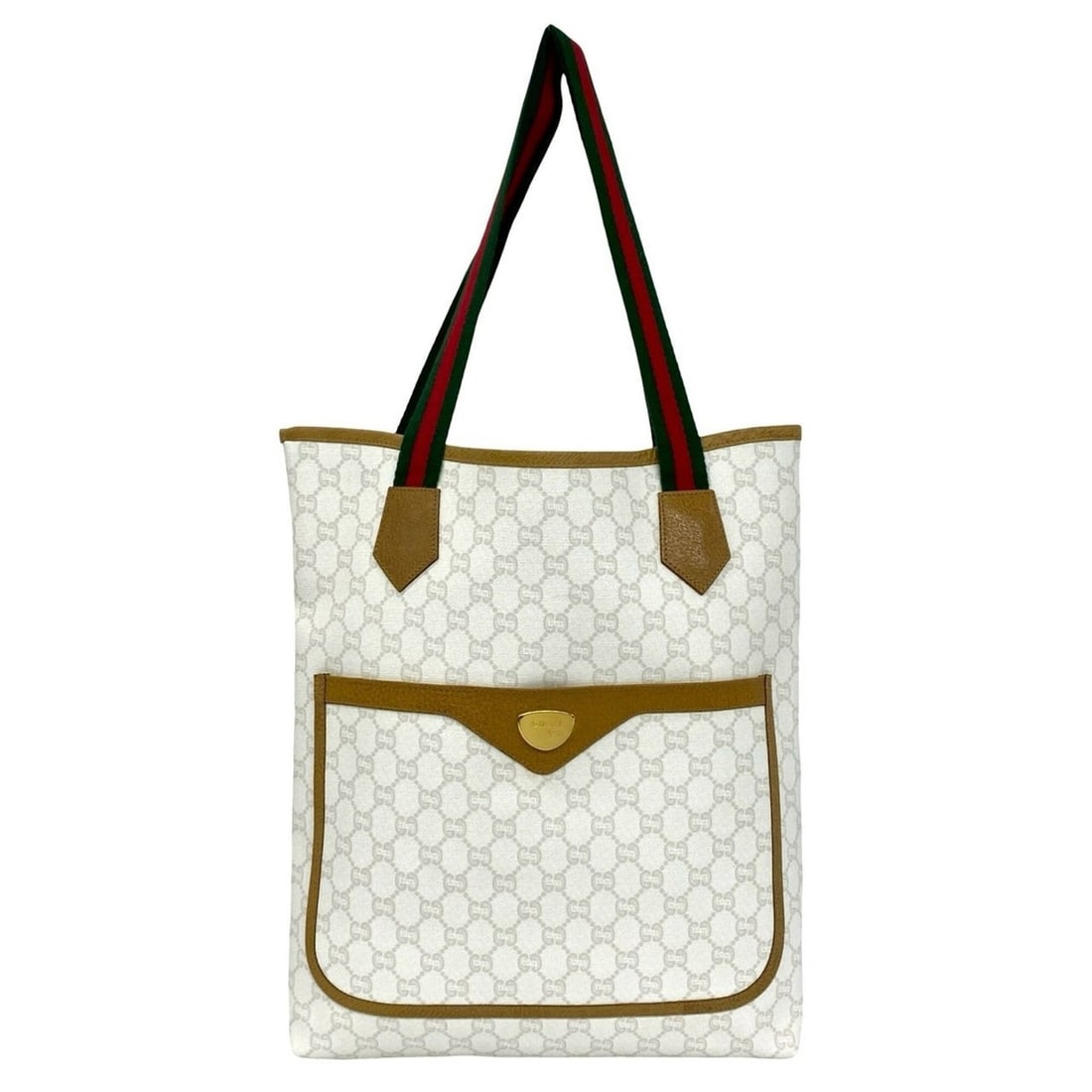 GUCCI Vintage Sherry Line Gucci Plus Logo Hardware Leather Tote Bag White 84247: --- Catalog ---Category: SizeSize (HxWxD): 39cm x 30cm x 8cm / 15.35'' x 11.81'' x 3.14''Category: DesignType: Tote bagColor: Beige, Green, Red color, WhiteGender: WomenMaterial: Leather , PVC Categor