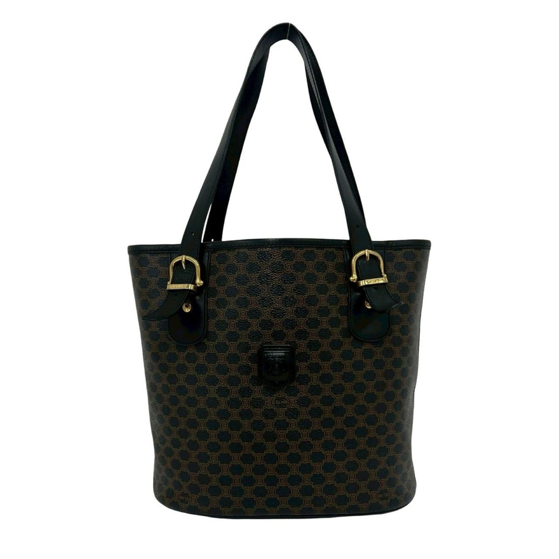 CELINE Magadam Blazon Triomphe Pattern Logo Leather Tote Bag Handbag Brown Black 26218: --- Catalog ---Category: SizeSize (HxWxD): 24cm x 24cm x 13cm / 9.44'' x 9.44'' x 5.11''Category: DesignType: Handbag, Tote bagColor: Black, BrownGender: WomenMaterial: Leather , PVC Category: General