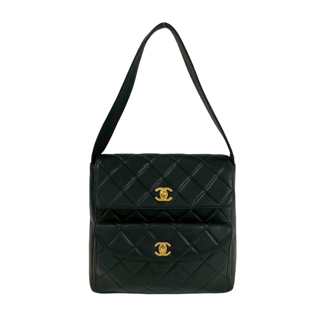 CHANEL Vintage Matelassé Coco Mark Lambskin Leather Semi-One Shoulder Bag Black 90790: --- Catalog ---Category: SizeSize (HxWxD): 22cm x 25cm x 8cm / 8.66'' x 9.84'' x 3.14''Category: DesignType: Shoulder bagColor: BlackGender: WomenMaterial: Leather Leather/Fur Type: LambskinCategory: 