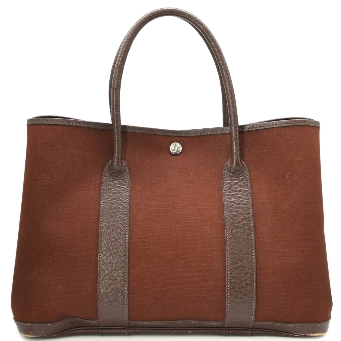 HERMES Garden PM 36 Handbag Tote Bag Toile Officier Canvas Brown: --- Catalog ---Category: SizeSize (HxWxD): 26cm x 36cm x 17cm / 10.23'' x 14.17'' x 6.69''Category: DesignType: HandbagColor: BrownGender: WomenMaterial: Toile officier , Leather Category: GeneralBran