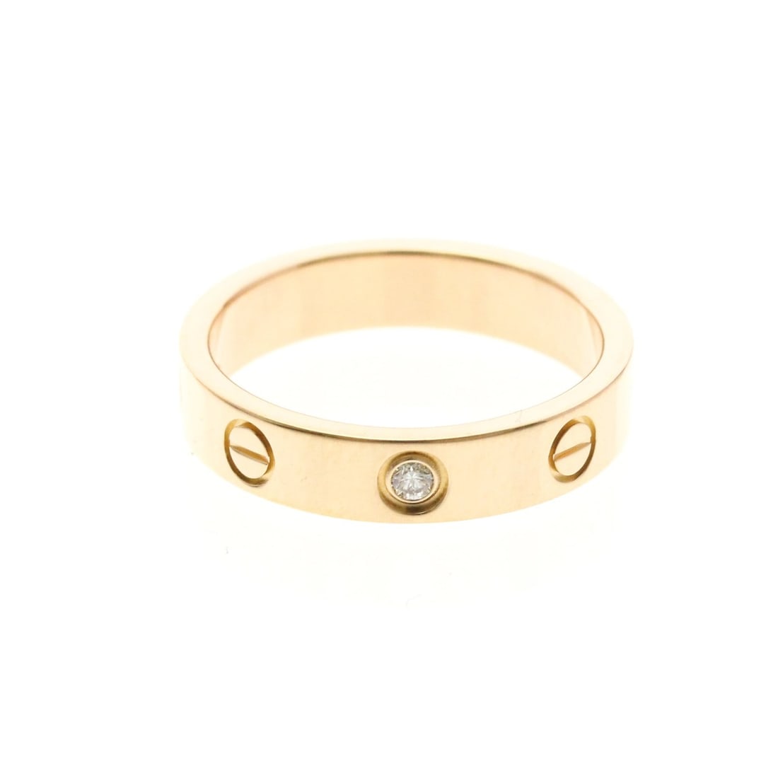 Cartier Mini Love Ring With 1 Diamond Pink Gold (18K) Fashion Diamond Band Ring Pink Gold: --- Catalog ---Category: SizeWidth: 4mm / 0.16''Weight: 4.5g / 0.15oz.JP Size: 11US Size: 5 3/4Brand Size: 51Category: DesignType: Band ringColor: Pink goldMetal: GoldStone: DiamondStyle: FashionGende