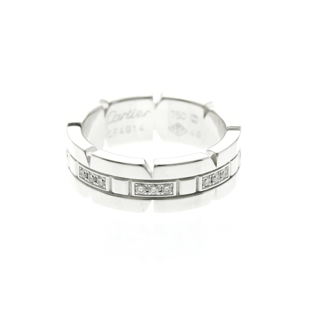 Cartier Tank Française Ring With Half Diamonds White Gold (18K) Fashion Diamond Band Ring Silver: --- Catalog ---Category: SizeWidth: 6.3mm / 0.25''Weight: 8.6g / 0.3oz.JP Size: 9US Size: 4 3/4Brand Size: 49Category: DesignType: Band ringColor: SilverMetal: White GoldStone: DiamondStyle: FashionGe