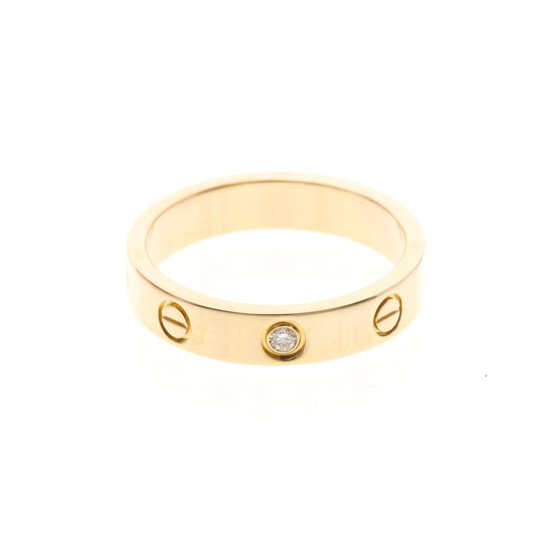 Cartier Mini Love Ring With 1 Diamond Pink Gold (18K) Fashion Diamond Band Ring Pink Gold: --- Catalog ---Category: SizeWidth: 3.9mm / 0.15''Weight: 4.6g / 0.16oz.JP Size: 13US Size: 6 1/4Brand Size: 53Category: DesignType: Band ringColor: Pink goldMetal: GoldStone: DiamondStyle: FashionGen