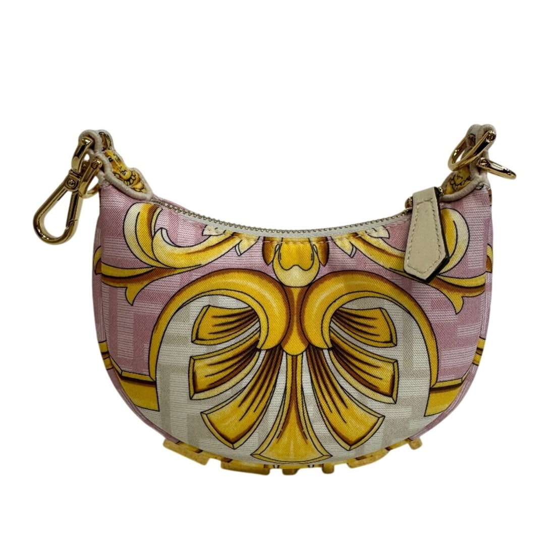 FENDI 7AS089 Nano FendiGraphy Versace Collaboration Pouch Lettering Logo Hobo Handbag Pink: --- Catalog ---Category: DesignType: Handbag, PouchColor: PinkGender: WomenMaterial: Nylon , Leather Hardware Color: GoldCategory: GeneralBrand: Fendi--- Item List ---Section: ConditionRanking: Rank