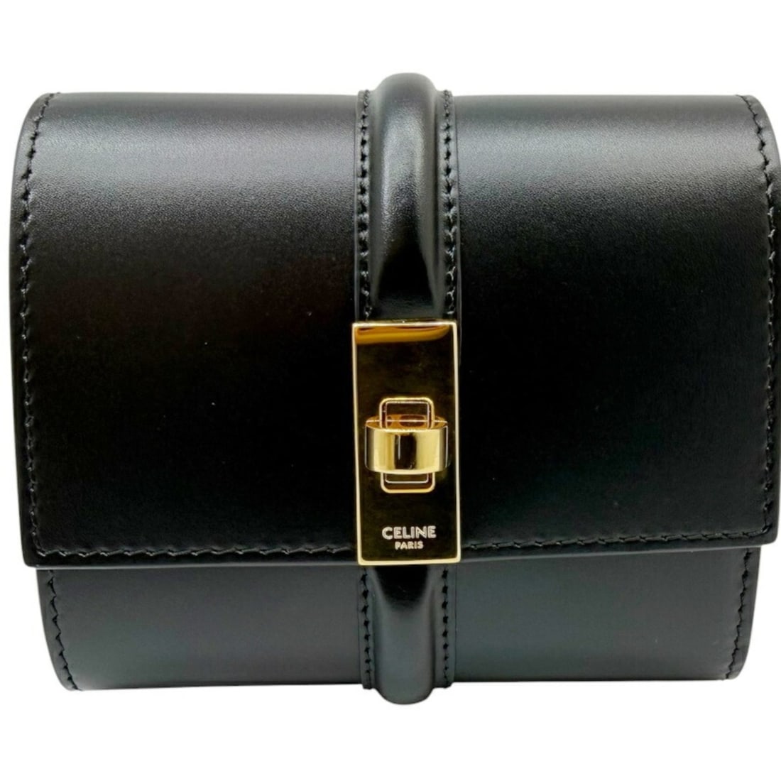 CELINE Small Trifold Wallet 16 Seize Satin Calfskin Black Women's Men's: --- Catalog ---Category: SizeSize (HxWxD): 9.5cm x 10.5cm x 4cm / 3.74'' x 4.13'' x 1.57''Category: DesignType: Wallet (tri-fold)Color: BlackGender: Men,WomenMaterial: Leather Leather/Fur Type: Calfsk