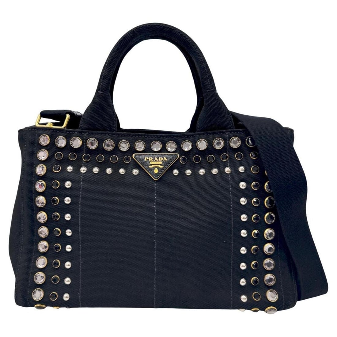 PRADA Canapa Mini Bijou Canvas Black B2439O Handbag Studded Shoulder Bag Women's: --- Catalog ---Category: SizeSize (HxWxD): 19cm x 28cm x 15cm / 7.48'' x 11.02'' x 5.9''Category: DesignType: Handbag, Shoulder bagColor: BlackGender: WomenMaterial: Canvas Category: GeneralBrand: Pra
