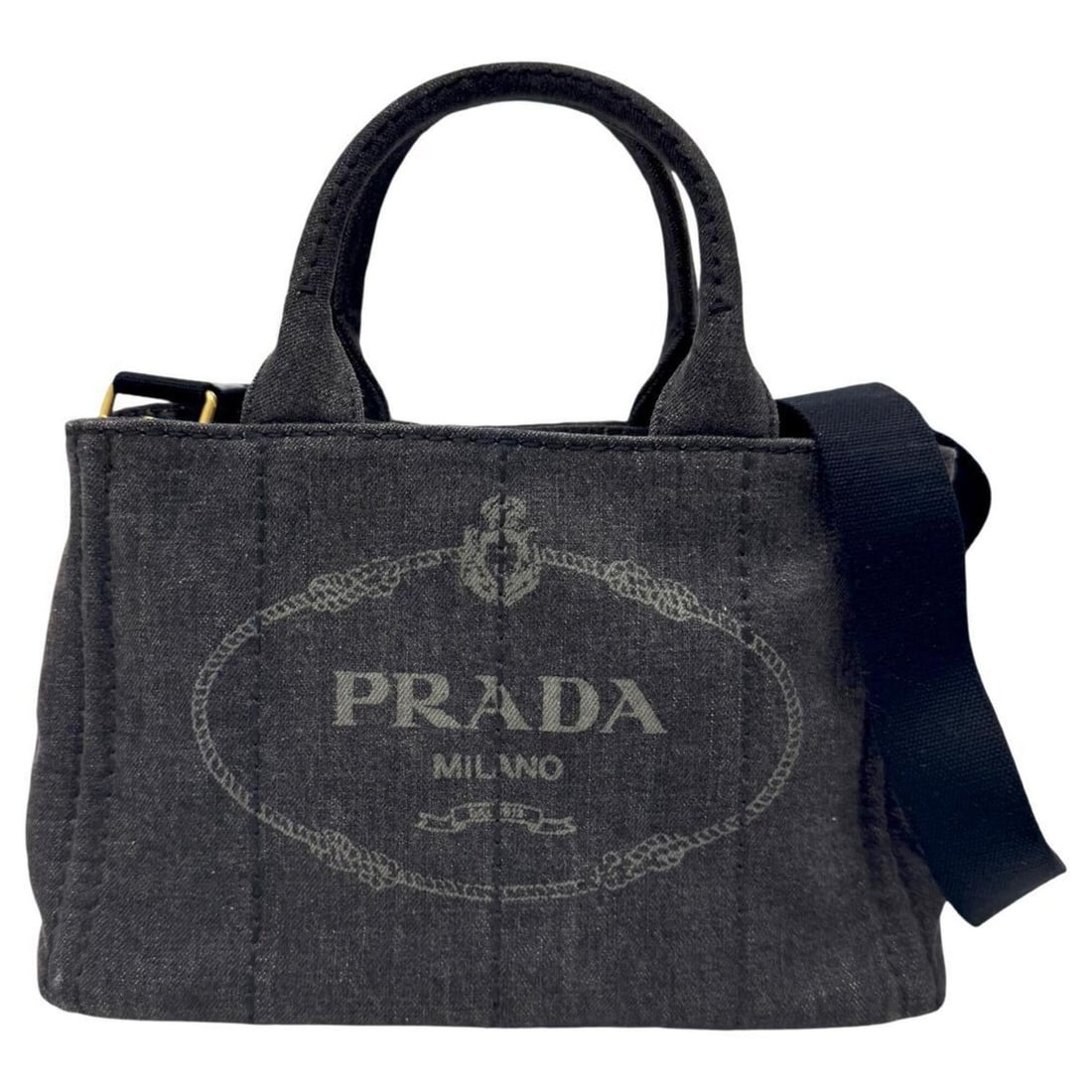 PRADA Canapa B2439G Black Handbag with Gold Hardware, Shoulder Bag for Women: --- Catalog ---Category: SizeSize (HxWxD): 19cm x 28cm x 15cm / 7.48'' x 11.02'' x 5.9''Category: DesignType: Handbag, Shoulder bagColor: BlackGender: WomenMaterial: Denim Category: GeneralBrand: Prad