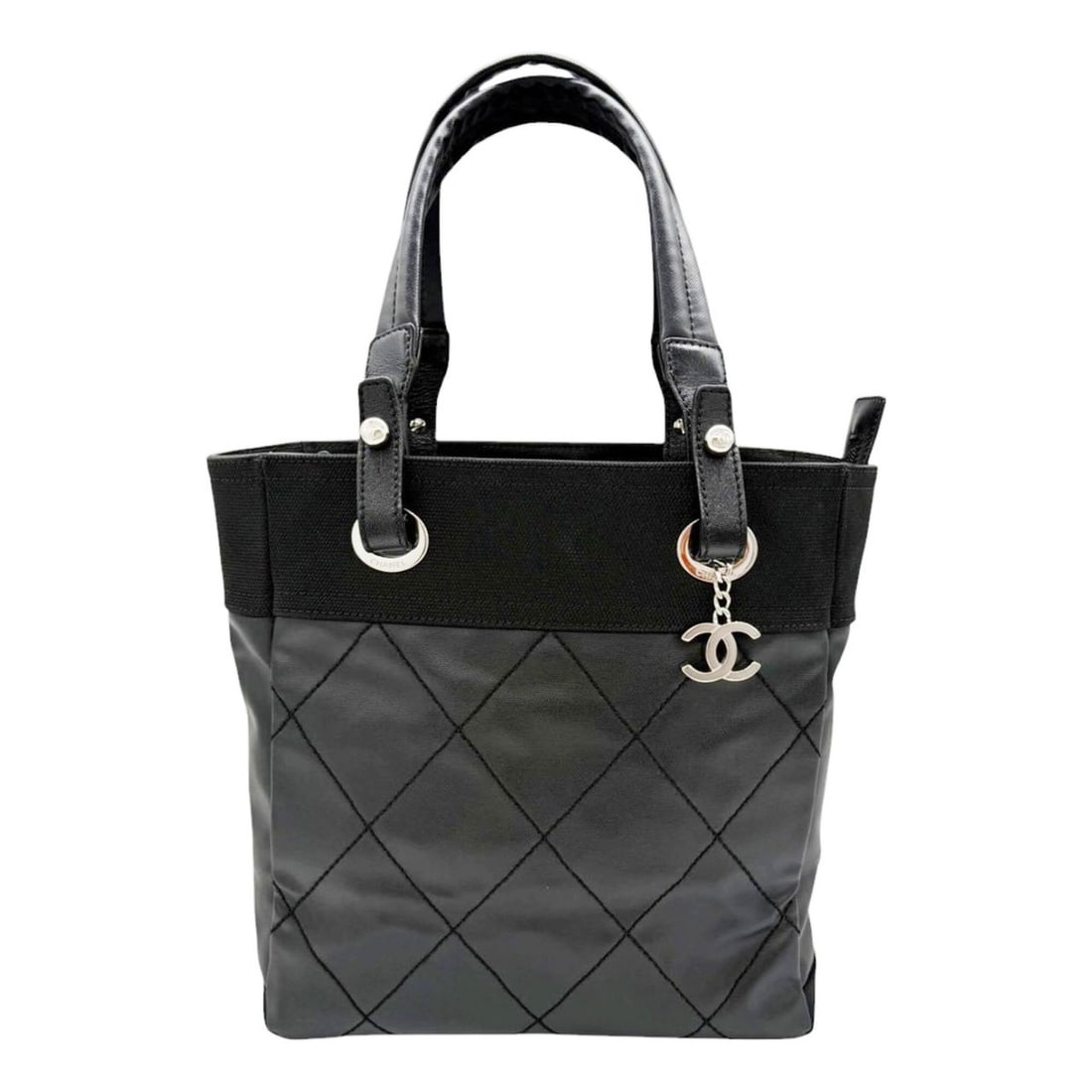 CHANEL Paris Biarritz PM Small Tote Bag, PVC Leather, Black, A34208, Women's: --- Catalog ---Category: SizeSize (HxWxD): 27cm x 25cm x 11cm / 10.62'' x 9.84'' x 4.33''Category: DesignType: Tote bagColor: BlackGender: WomenMaterial: Coated canvas , Leather Category: GeneralBrand