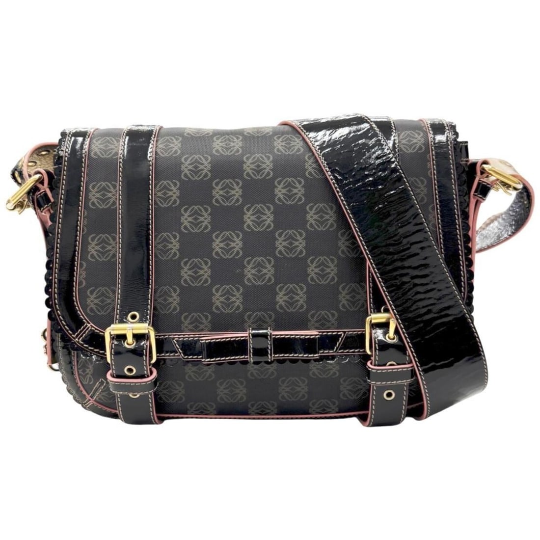 LOEWE shoulder bag, Anagram design, black, pink, gray, PVC, patent leather, women's.: --- Catalog ---Category: SizeSize (HxWxD): 22cm x 28cm x 10cm / 8.66'' x 11.02'' x 3.93''Category: DesignType: Shoulder bagColor: Black, Gray, PinkGender: WomenMaterial: PVC , Patent leather Category: