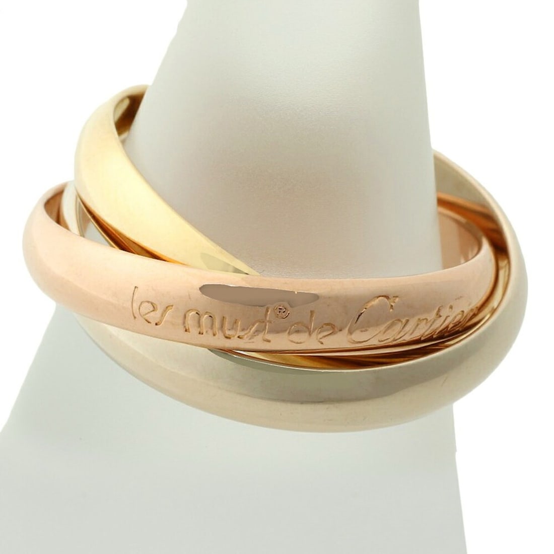 Cartier Trinity Ring, approximately 7.9g, 18K Yellow Gold, White Pink Size #54 (approx. US size 14),: --- Catalog ---Category: SizeUS Size: 7Brand Size: 54Category: DesignType: Band ringColor: Pink gold, White gold, Yellow goldGender: WomenMaterial: Pink gold (18K), White gold (18K), Yellow gold (18K)