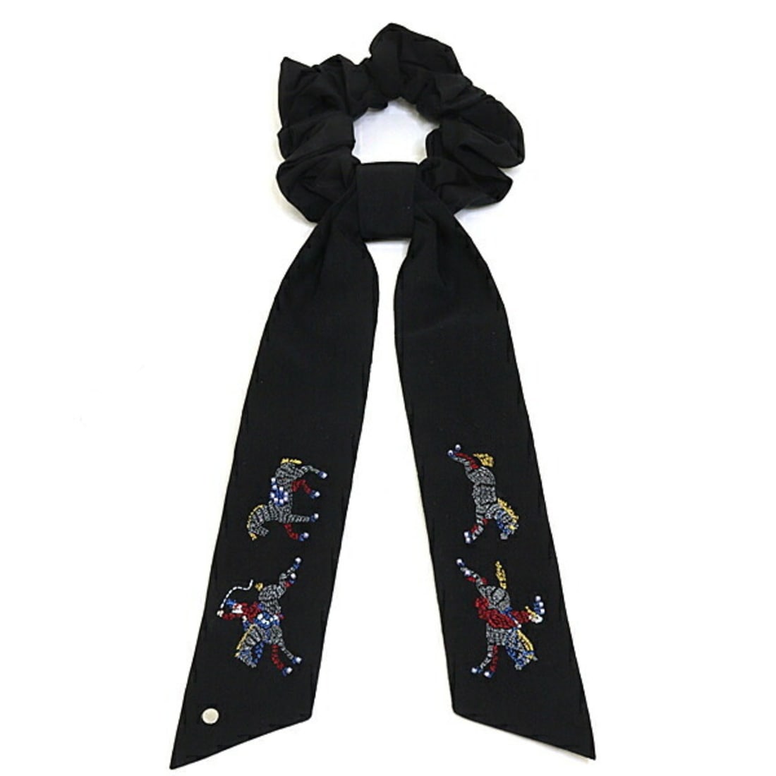 Hermes HERMES Scrunchie Night Parade Clou de Selle Ribbon Embroidery Hair Strap Black: --- Catalog ---Category: SizeSize (LxW): 25cm x 5cm / 9.84'' x 1.96''Category: DesignType: ScrunchieColor: Black, Multi-colorGender: WomenMaterial: Cotton, SilkCategory: GeneralBrand: HermesCountry of