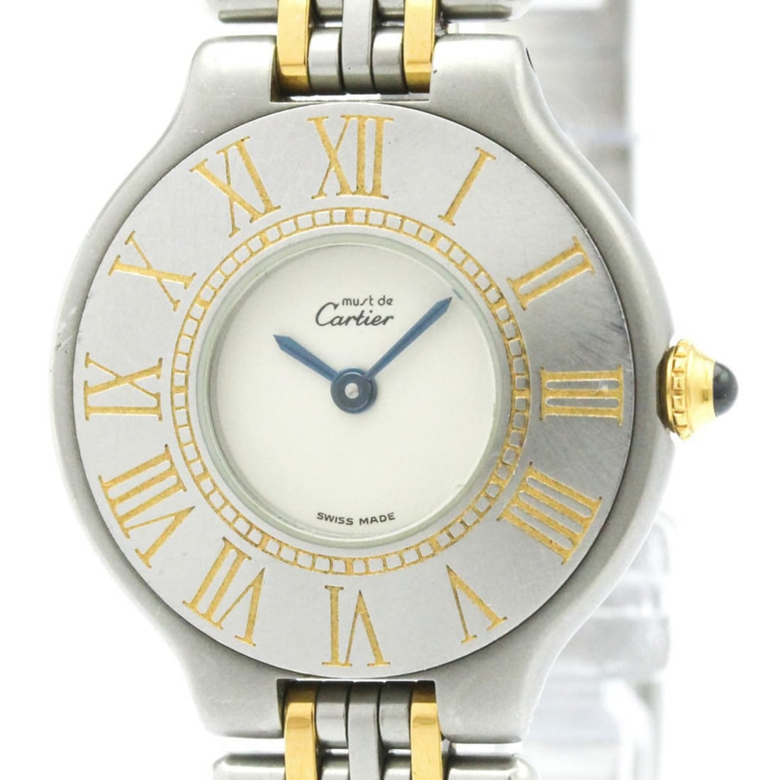 CARTIER Must 21 Gold Plated Steel Quartz Ladies Watch W10073F4 Polished: --- Catalog ---Category: SizeCase Diameter: 28mm / 1.1''Category: DesignType: WristwatchStyle: Dress/FormalGender: WomenColor (Dial): SilverMaterial (Band): Gold plated, Stainless steelMaterial (Case)