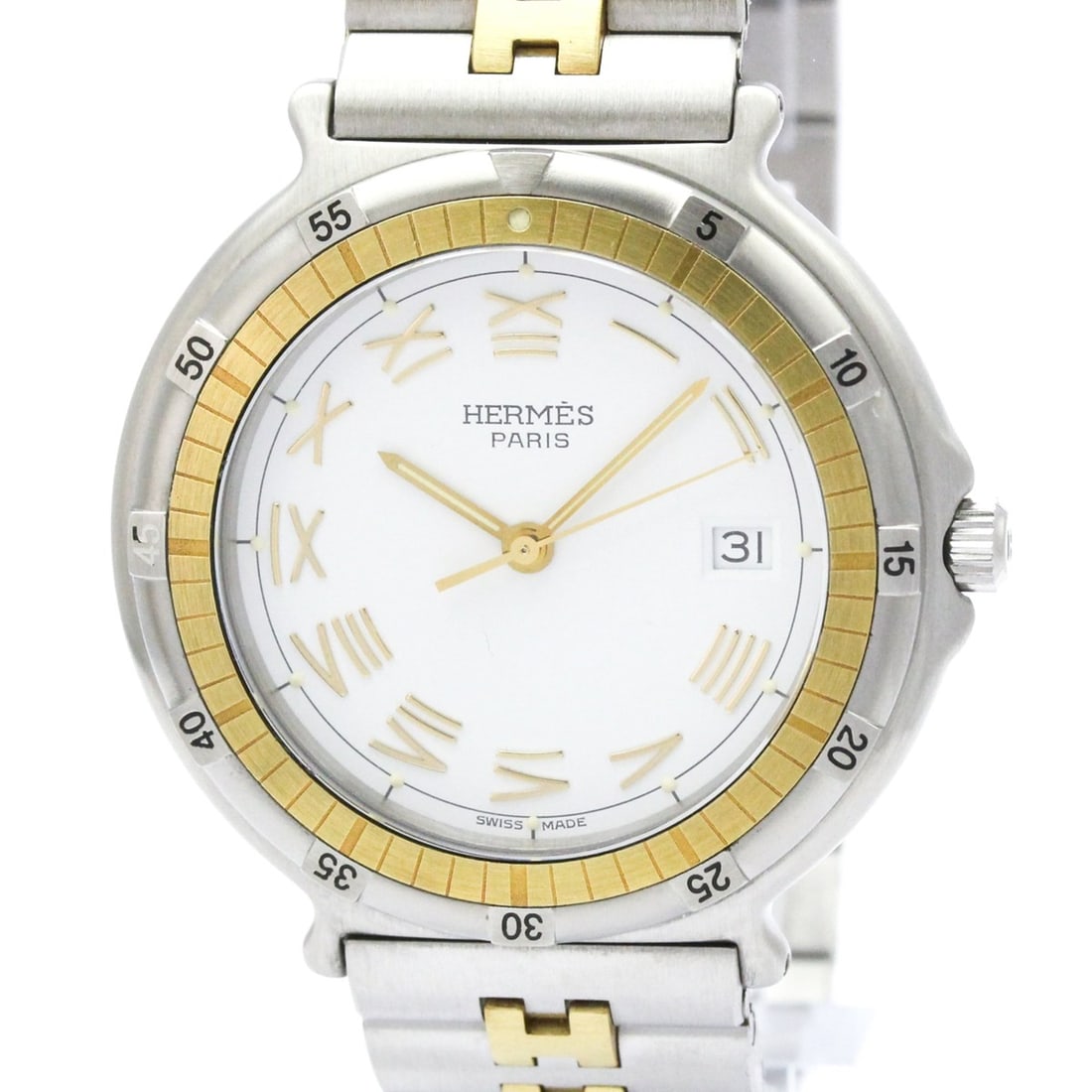 HERMES Captain Nimo Quartz Gold Plated Steel Unisex Watch: --- Catalog ---Category: SizeCase Diameter: 36mm / 1.42''Category: DesignType: WristwatchStyle: Dress/FormalGender: UnisexColor (Dial): WhiteMaterial (Band): Gold plated, Stainless steelMaterial (Case