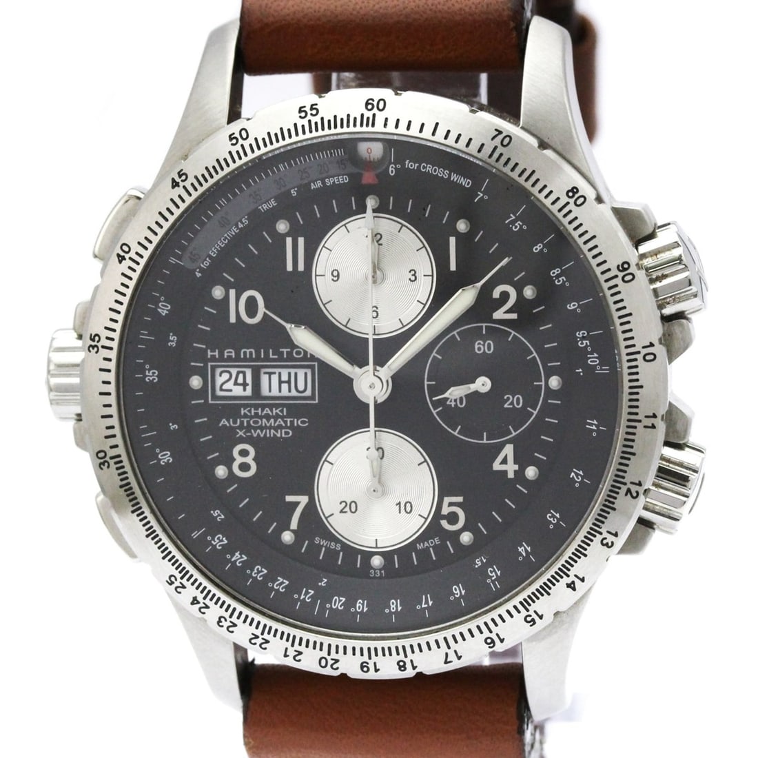 HAMILTON Khaki X-wind Chronograph Steel Automatic Watch H776160 Polished: --- Catalog ---Category: SizeCase Diameter: 44mm / 1.73''Category: DesignType: WristwatchStyle: SportGender: MenColor (Dial): BlackMaterial (Band): LeatherMaterial (Case): Stainless steelCategory: Gen