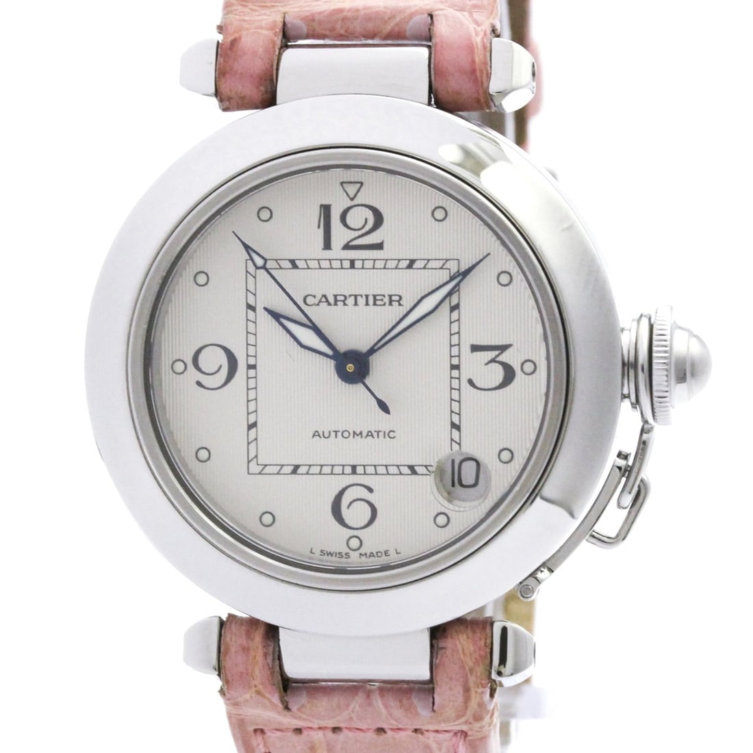 CARTIER Pasha C Steel Automatic Ladies Watch W3106199 Polished: --- Catalog ---Category: SizeCase Diameter: 35mm / 1.38''Category: DesignType: WristwatchStyle: Dress/FormalGender: WomenColor (Dial): SilverMaterial (Band): LeatherMaterial (Case): Stainless steelCat