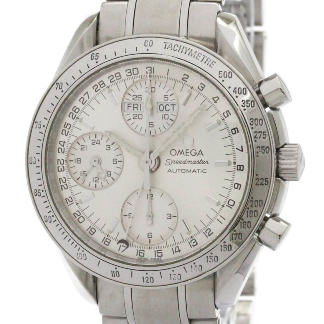 OMEGA Speedmaster Triple Date Steel Automatic Watch 3523.30 Polished: --- Catalog ---Category: SizeCase Diameter: 39mm / 1.54''Category: DesignType: WristwatchStyle: SportGender: MenColor (Dial): SilverMaterial (Band): Stainless steelMaterial (Case): Stainless steelCate