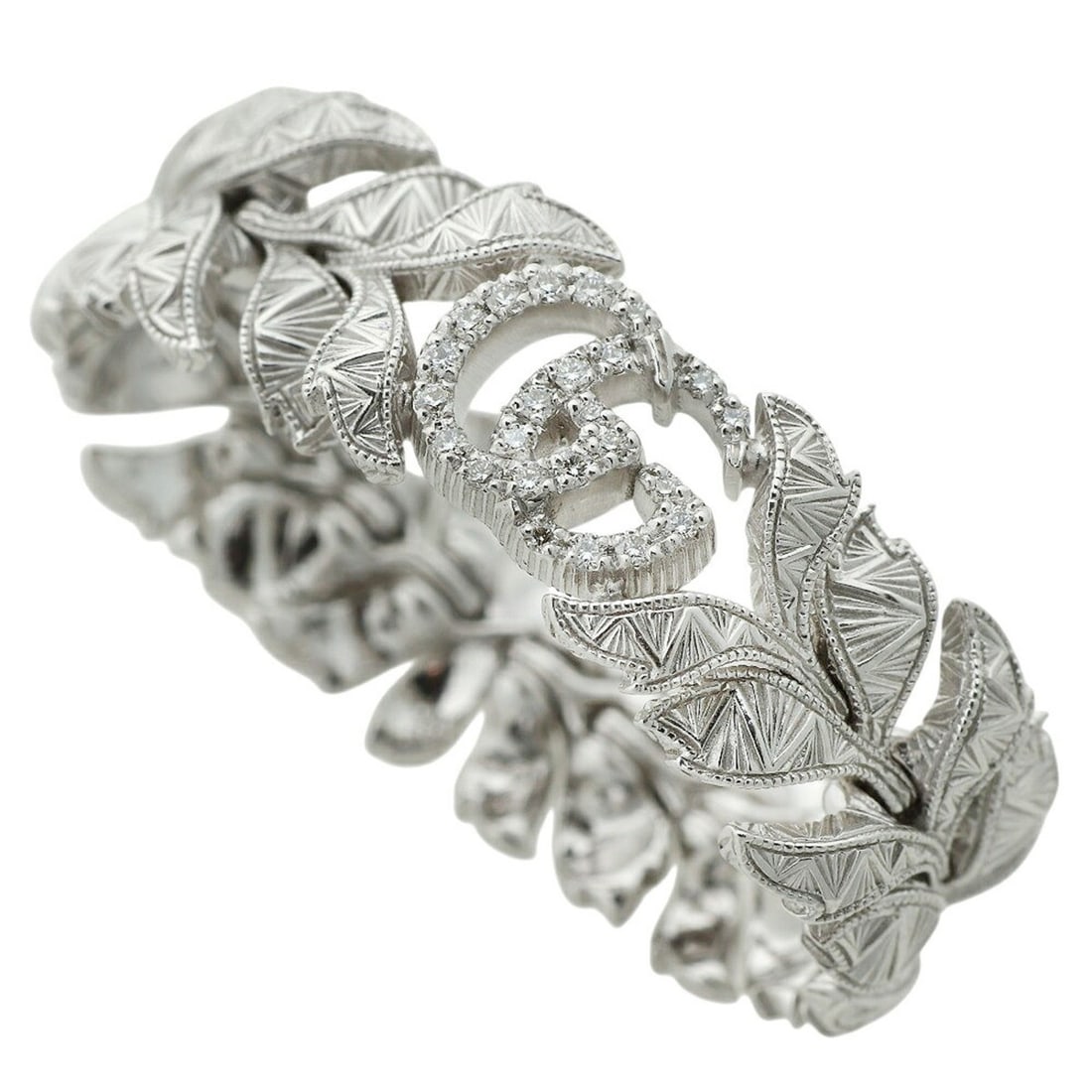 Gucci Flora Ring, approximately 6.6g, 18K White Gold, with small diamonds, size #11 (approximately: --- Catalog ---Category: SizeJP Size: 10US Size: 5.5Category: DesignType: Band ringColor: White goldGender: WomenMaterial: White gold (18K)Category: GeneralBrand: Gucci--- Item List ---Section: Condit