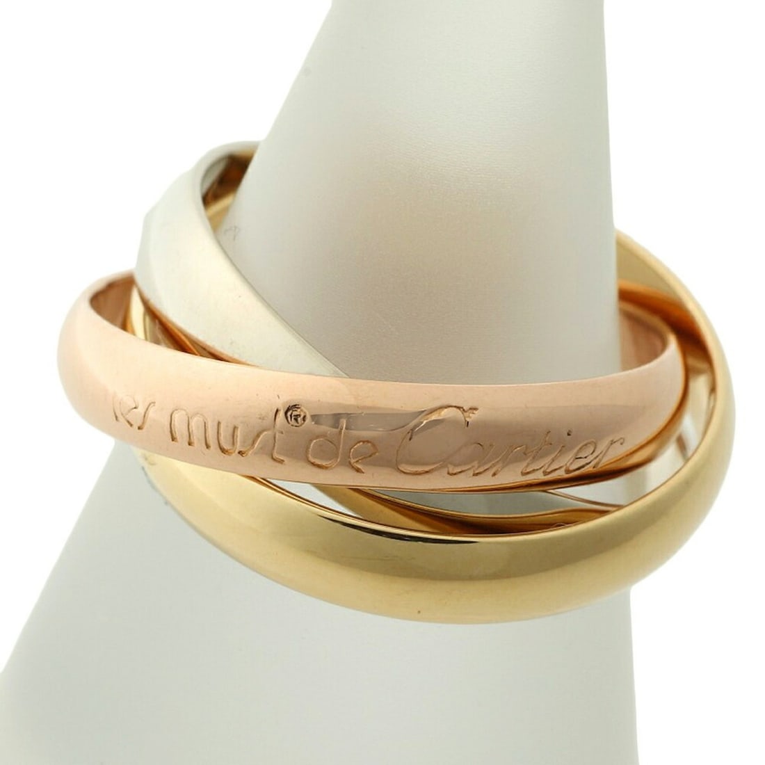 Cartier Trinity Ring, approximately 6.4g, 18K Yellow Gold, White Pink Size #48 (approx. US size 8),: --- Catalog ---Category: SizeUS Size: 4.5Brand Size: 48Category: DesignType: Band ringColor: Pink gold, White gold, Yellow goldStone: No StoneGender: WomenMaterial: Pink gold (18K), White gold (18K), 