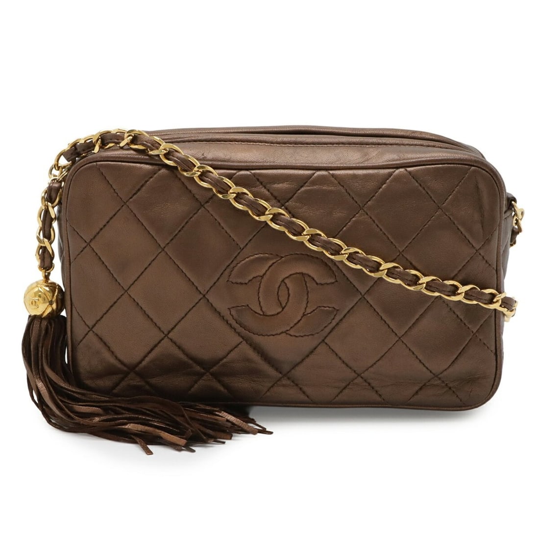 CHANEL Matelassé Coco Mark Chain Shoulder Bag, Tassel, Leather, Metallic Bronze: --- Catalog ---Category: SizeSize (HxWxD): 12cm x 20.5cm x 6cm / 4.72'' x 8.07'' x 2.36''Category: DesignType: Shoulder bagColor: Metallic bronzeGender: WomenMaterial: Leather Hardware Color: GoldCate