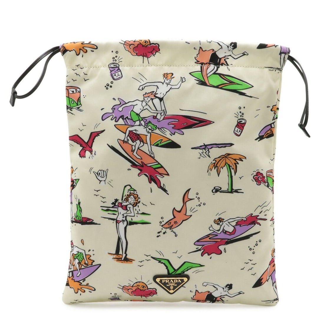 PRADA Triangle Handbag Pouch Multi-Pouch Surf Pattern Nylon Cream Multicolor 1NK001: --- Catalog ---Category: SizeSize (HxWxD): 34cm x 28cm / 13.38'' x 11.02''Category: DesignType: PouchColor: Cream, Multi-colorGender: WomenMaterial: Nylon , Leather Category: GeneralBrand: Prada--- It