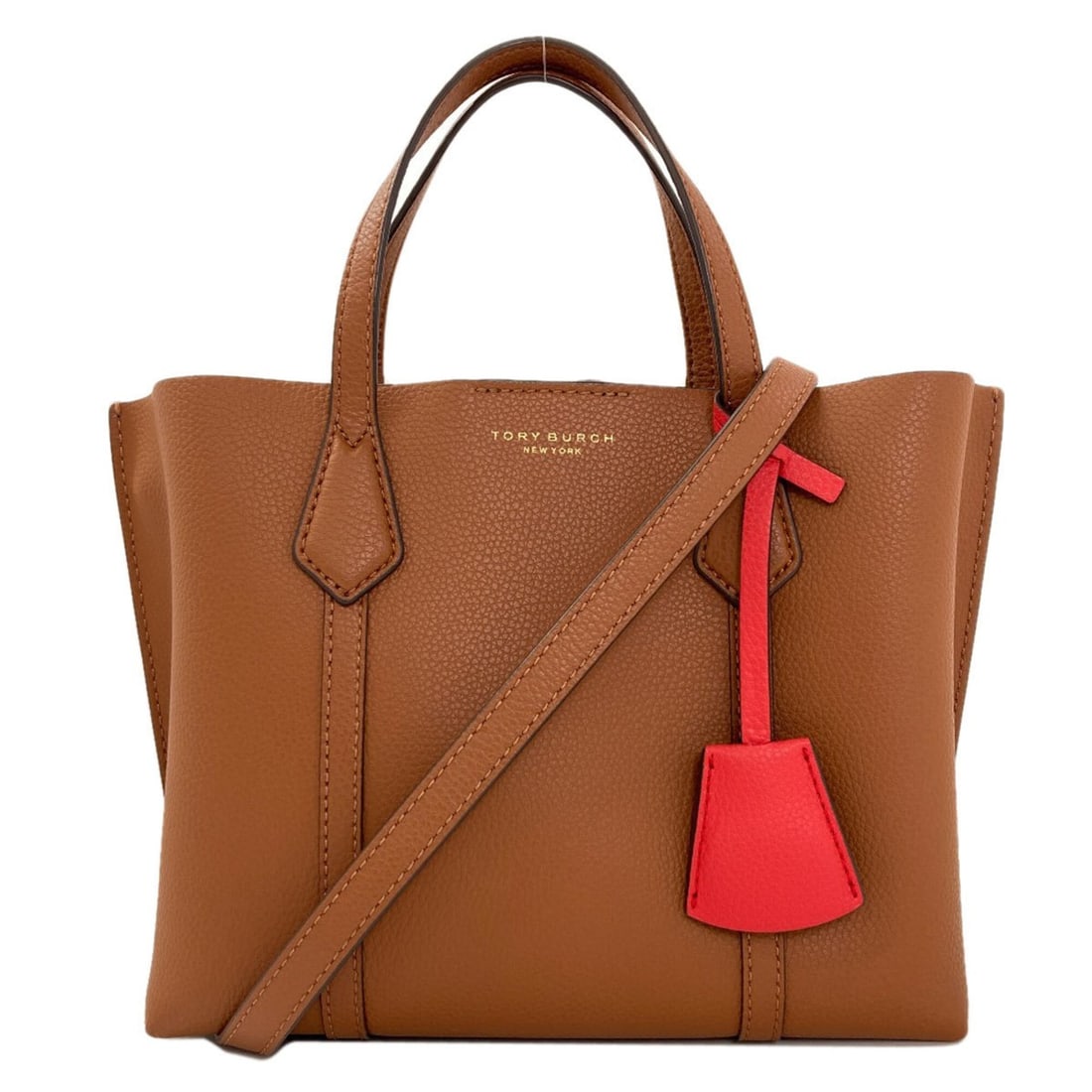 Tory Burch Perry 2-Way Leather Handbag for Women: --- Catalog ---Category: SizeSize (HxWxD): 20cm x 31cm x 13cm / 7.87'' x 12.2'' x 5.11''Category: DesignType: HandbagColor: BrownGender: WomenMaterial: Leather Category: GeneralBrand: Tory Burch--- It