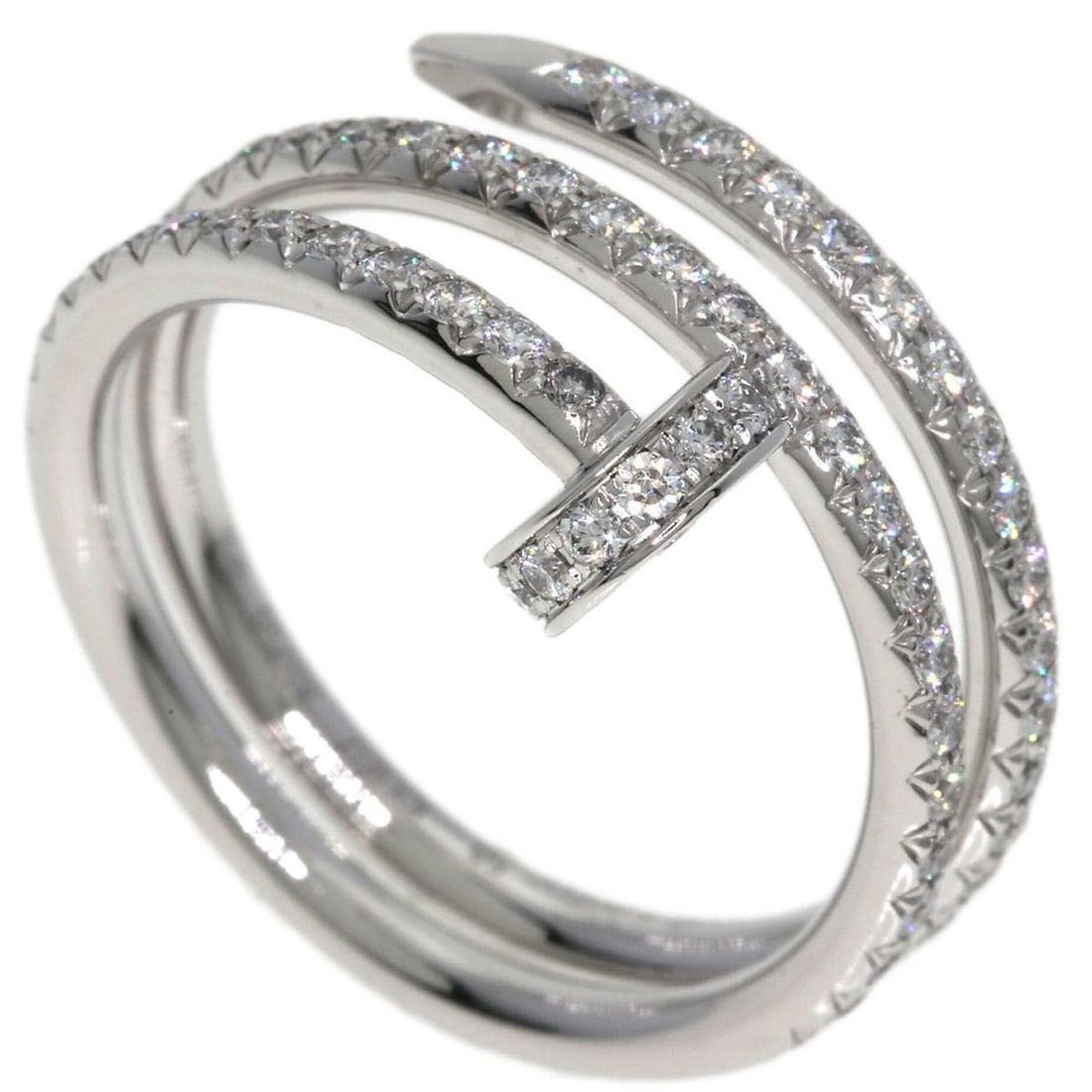 Cartier Juste un Clou Double Semi-Pavé Diamond Ring #50, 18K White Gold, Women's.: --- Catalog ---Category: SizeJP Size: 10US Size: 5.5Category: DesignType: Band ringStone: DiamondGender: WomenMaterial: White gold (18K)Category: GeneralBrand: Cartier--- Item List ---Section: Conditi