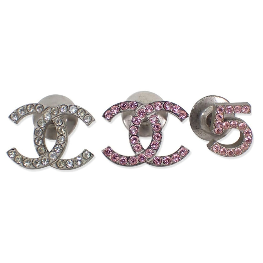 CHANEL Coco Mark Rhinestone Pin Brooch 3-Piece Set: --- Catalog ---Category: PackNumber in Pack: 3Category: SizeSize (HxWxD): 1.43cm x 1.91cm / 0.56'' x 0.75''Category: DesignType: Pin broochColor: Pink, SilverStone: RhinestoneGender: WomenMaterial: Go