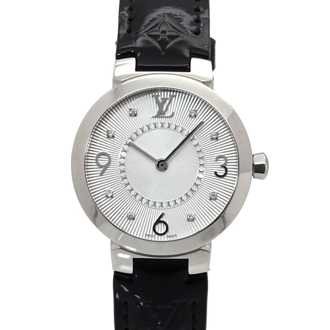 Louis Vuitton Tambour Q12MG Women's Watch, 8 Diamonds, Silver, Quartz Watch: --- Catalog ---Category: SizeWrist Size: 13cm - 17cm / 5.11'' - 6.69''Case Diameter: 28mm / 1.1''Category: DesignType: WristwatchGender: WomenColor (Dial): SilverMaterial (Band): LeatherMaterial (Case