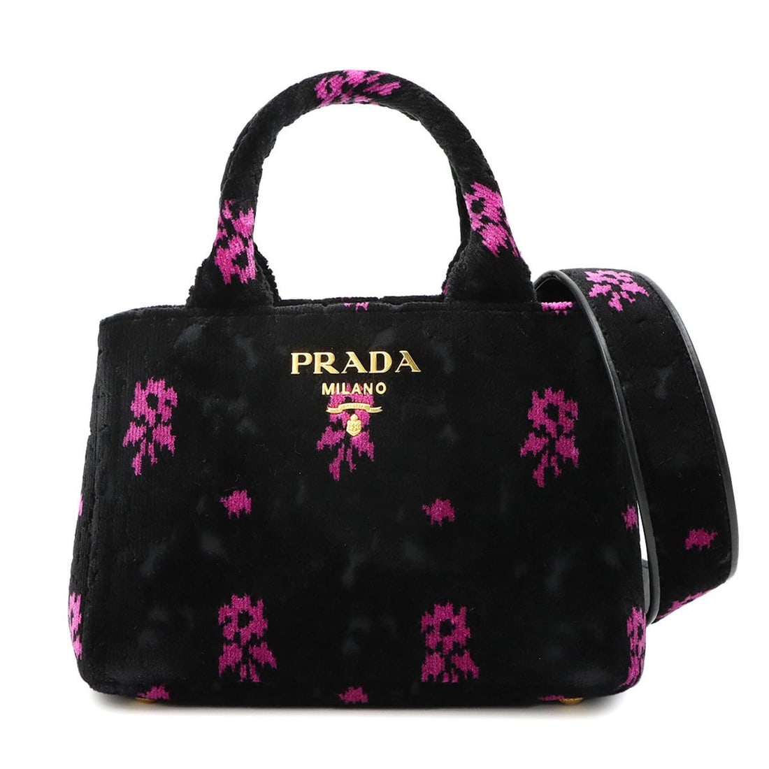 Prada Canapa Mini 2-way Hand/Shoulder Handbag, Velour Leather, Nero Pink (1BA038), Black: --- Catalog ---Category: SizeSize (HxWxD): 15.5cm x 22cm x 13cm / 6.1'' x 8.66'' x 5.11''Category: DesignType: HandbagColor: Black, Nero, PinkGender: WomenMaterial: Leather , Leather Leather/Fur Type: