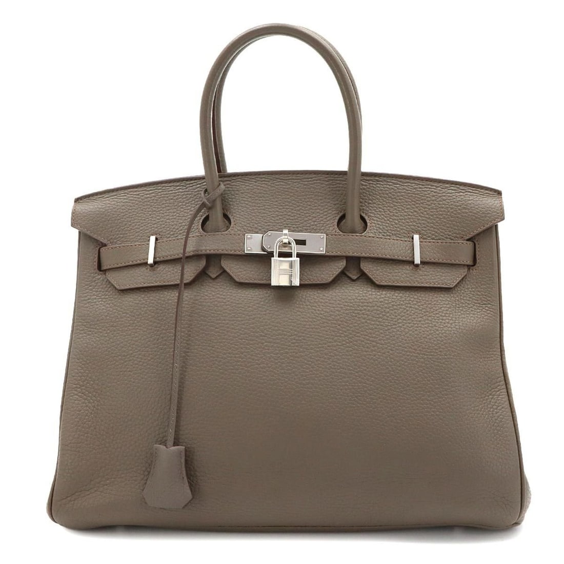 Hermes Birkin 35 Taurillon Clemence Etoupe Handbag ?Q stamp Silver hardware: --- Catalog ---Category: SizeSize (HxWxD): 28.5cm x 34.5cm x 18.5cm / 11.22'' x 13.58'' x 7.28''Category: DesignType: HandbagColor: EtainGender: WomenMaterial: Taurillon clemence leather Category: Gen