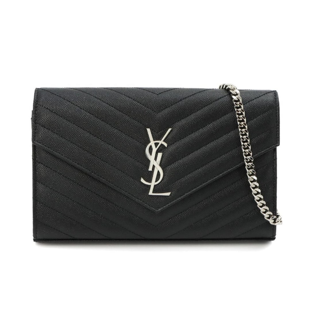 Saint Laurent Cassandra Classic Chain Wallet, Long Leather, Black, 377828, Silver Hardware.: --- Catalog ---Category: SizeSize (HxWxD): 14cm x 22.5cm x 3cm / 5.51'' x 8.85'' x 1.18''Category: DesignType: Chain/Shoulder walletColor: BlackGender: WomenMaterial: Leather Category: GeneralMPN: 377