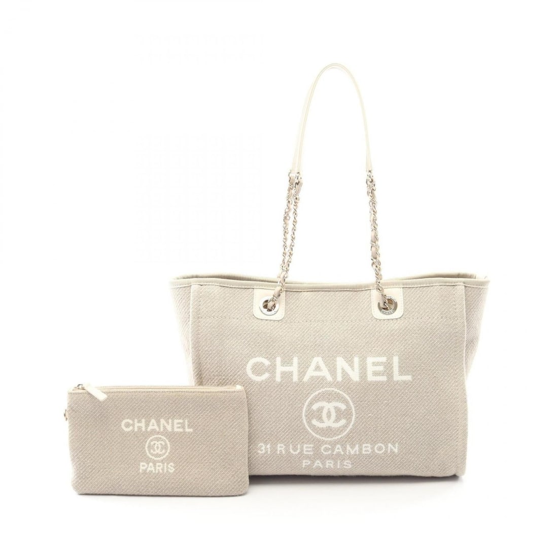 Chanel Deauville Tote Bag Handbag, Canvas and Leather, Women's, Beige/White, A67001: --- Catalog ---Category: SizeSize (HxWxD): 26cm x 35cm x 14cm / 10.23'' x 13.77'' x 5.51''Category: DesignType: Handbag, Tote bagColor: Beige, WhiteGender: WomenMaterial: Canvas , Leather Category: