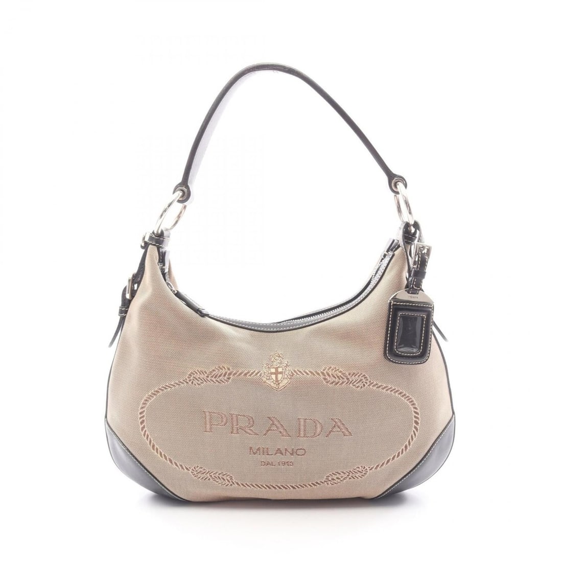 Prada LOGO JACQUARD Shoulder Bag/Handbag, Canvas and Leather, Women's, Beige/Black (1 of 14)